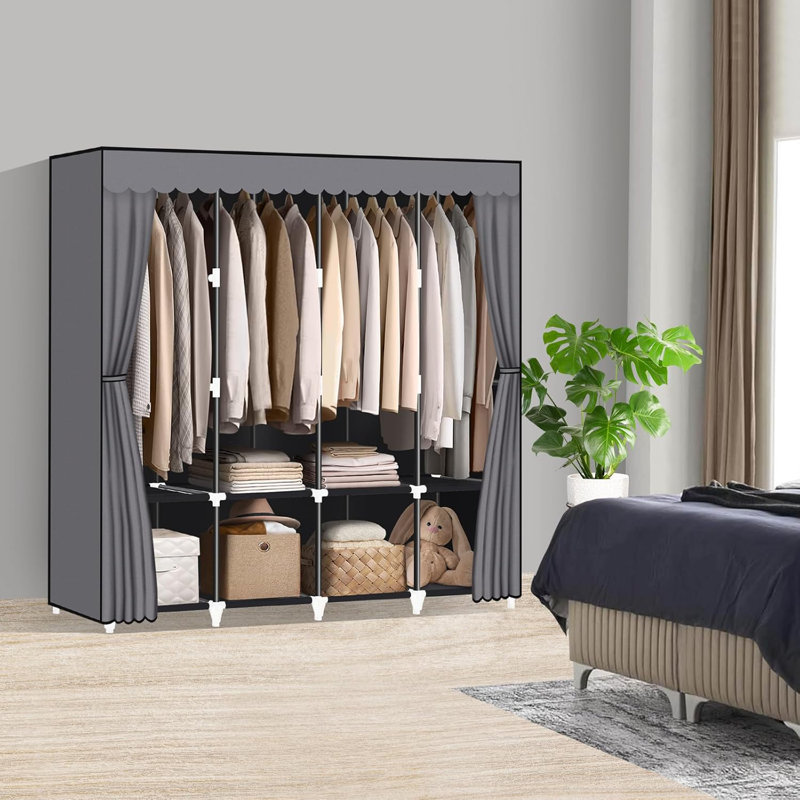 Rebrilliant Portable Closet Grey Wardrobe Closet Organizer With Cover Portable Closets For Hanging Clothes 65.4X17.4X64.4 Inch 4 Hanging Rods And Shelves Large Capacity For Bedroom Living Room Wayfair
